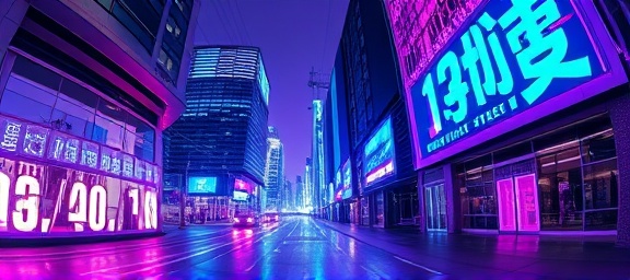 dynamic AI vision, thoughtful analysis, integrating complex algorithms, photorealistic, urban landscape with high-tech architecture and interactive panels, highly detailed, electric data waves cascading through the scene, vivid pixel clarity, electric purple and blue scheme, soft side lighting, shot with a fish-eye lens.