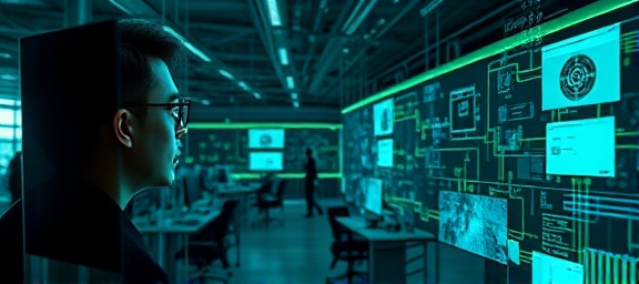 sophisticated vision tech, aware glance, interacting with virtual elements, photorealistic, open-space office with interconnected digital workstations, highly detailed, flowing streams of augmented reality graphics, crystal clear resolution, deep green and metallic accents, ambient low-light conditions, shot with a 35mm lens.