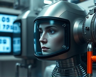 sleek vision tech, focused expression, adapting to dynamic changes, photorealistic, industrial laboratory filled with advanced machinery and digital screens, highly detailed, ambient whirrs of machinery, smooth resolution, metallic silver and black hues, cool artificial lighting, shot with a macro lens.