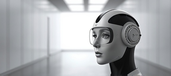 innovative AI optics, inquisitive expression, enhancing perception acuity, photorealistic, sleek design studio with minimalist aesthetics and digital blueprints, highly detailed, concept visuals floating mid-air, refined image quality, black and white contrast, diffused natural light, shot with a 50mm standard lens.