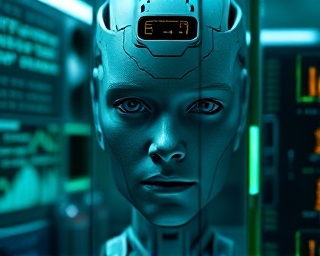 advanced AI imaging, penetrating stare, processing complex scenarios, photorealistic, sci-fi research facility with holographic visuals and glass panels, highly detailed, data interface elements flickering, sharp clarity, iridescent green and gray color palette, ambient tech illumination, shot with an 85mm prime lens.